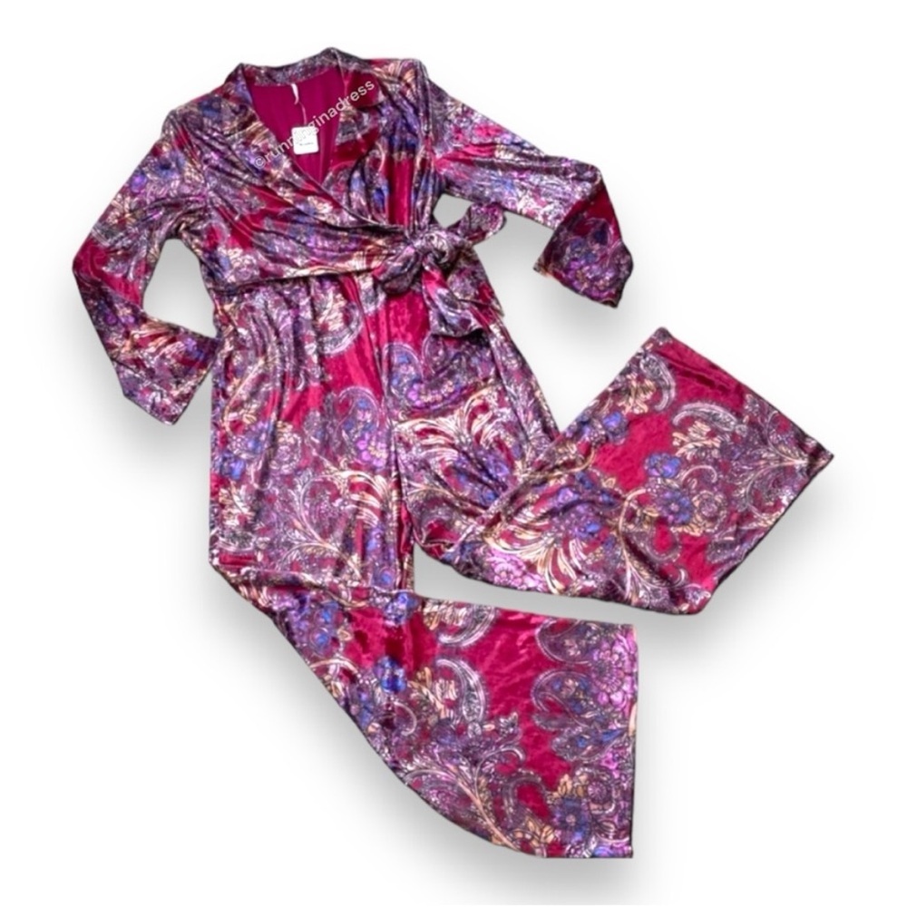 NWT Free People Delphine Jumpsuit Color In Red Combo XL Paisley Print Velvet - Picture 2 of 10